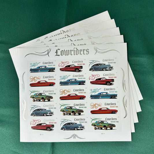 Sheet of 15 2026 Forever Stamps featuring Lowriders design by US STAMPS, showcasing colorful vintage car illustrations on stamp sheets.