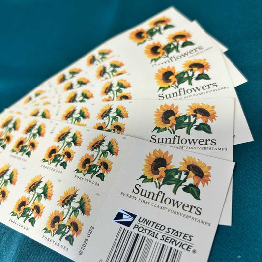 US STAMPS 2026 Forever Sunflowers Stamps, Book of 20 featuring vibrant sunflower designs for mailing and collection.