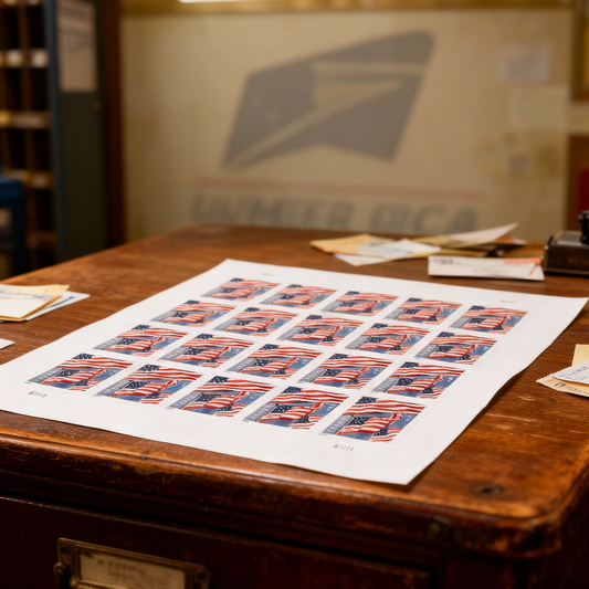 USPS 2022 US Flags Forever First Class Postage Stamps booklet featuring patriotic flag designs on individual stamps.