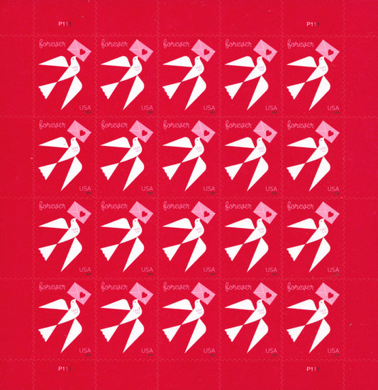 Sheet of 20 US Love series Forever stamps on red background featuring white and pink origami crane designs, arranged in a 4x5 grid with "forever" and "USA" text on each stamp.