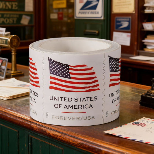2025 USPS US Flags postage stamps booklet with patriotic flag design and first class mailing stamps.