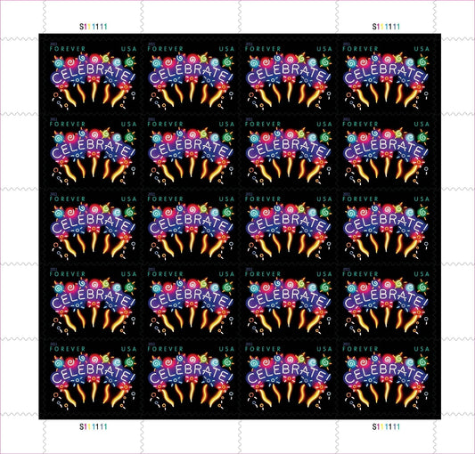 Sheet of 20 "CELEBRATE!" 2011 Forever USA stamps featuring colorful fireworks display with golden bursts and multicolored decorative elements on black background
